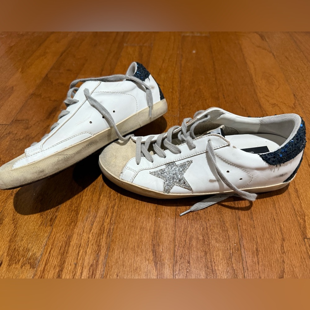 Used Golden Goose White Sneakers w Silver Star and Navy Glitter Heel